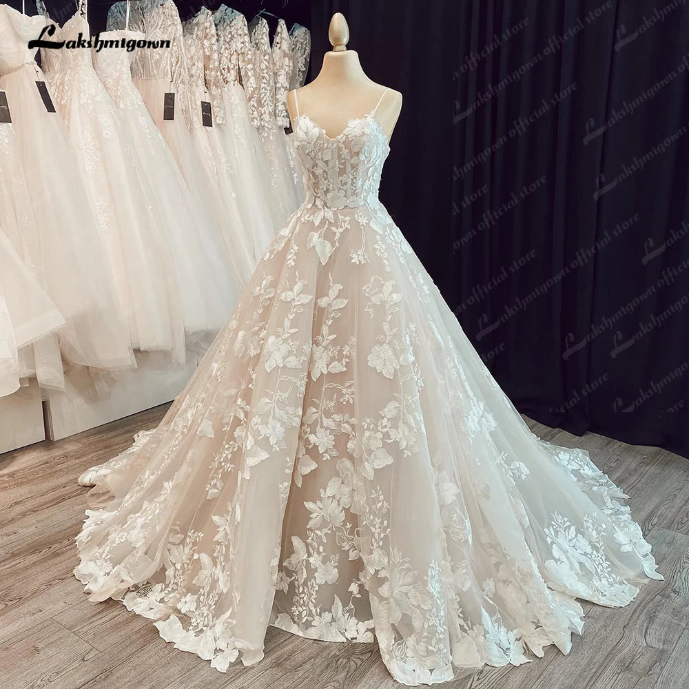 Lakshmigown Luxury Spaghetti Straps Lace Women Sweetheart Neck Wedding Dress for Bride Champagne Wedding Gown Vestidos Para Boda