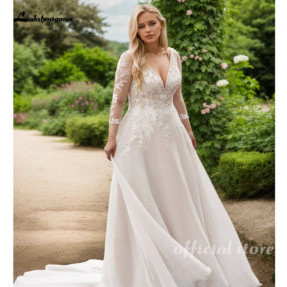 Lakshmigown Plus Size Long Sleeves Wedding Dress with Cape For Woman A Line Lace Appliques Vestidos De Casamento Customized
