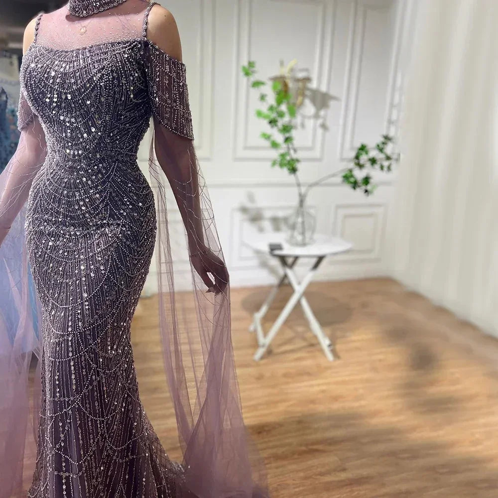 Serene Hill Dubai Purple Mermaid Cape Sleeves Beaded Long Evening Dress 2025 For Formal Occasion DLA71992 Customized