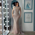 Abito da Sera di Lusso Perle Nude Abito Ricamato con Cristalli e Strascico in Tulle LA72189A