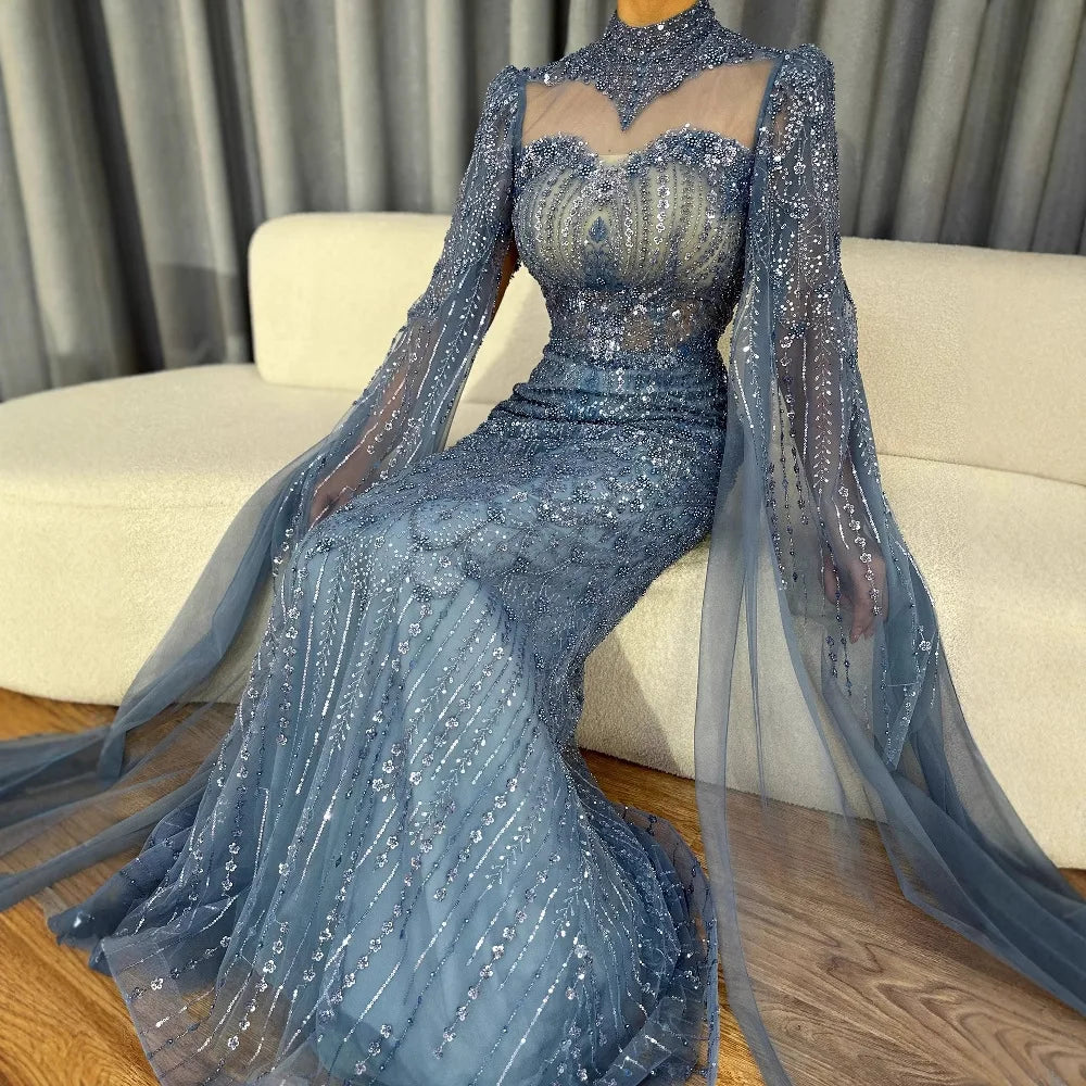 Abito da sera modesto lussuoso blu sirena con mantella LA73006