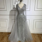Serene Hill Customized Turquoise Long Sleeves Mermaid Beaded Evening Dresses Overskirt Party Gowns For Women DLA72239A
