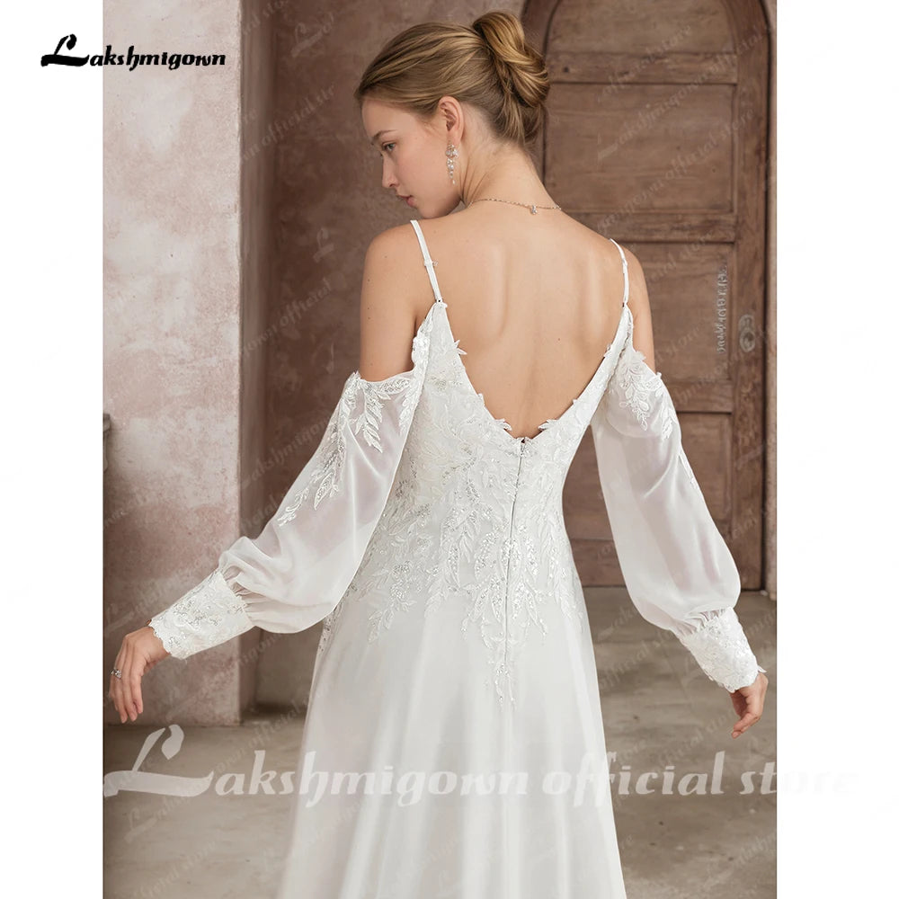 Lakshmigown Illusion Off White Wedding Dress Off Shoulder Long Sleeve Bridal Gown for Women Summer Vestido De Novia Customized