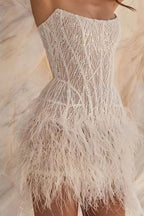 Lakshmigown Short Mini Feathered Wedding Dress Sparkly Reception Customized Strapless Bridal Gown No Gloves New Arrival Bride We