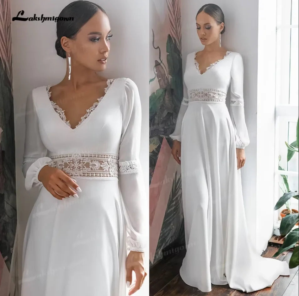 Lakshmigown  Boho Long Sleeve Wedding Dresses Backless robe longue Vintage Simple Chiffon Wedding Gowns Customized