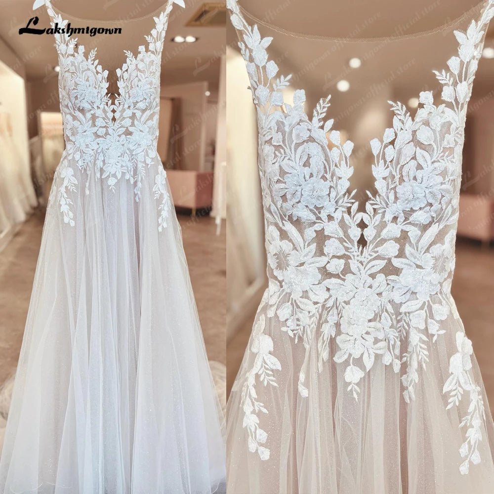 Lakshmigown Illusion Wedding Dress Sleeveless Backless O-Neck Bride Dress See Through Appliques Formal Robe De Marie