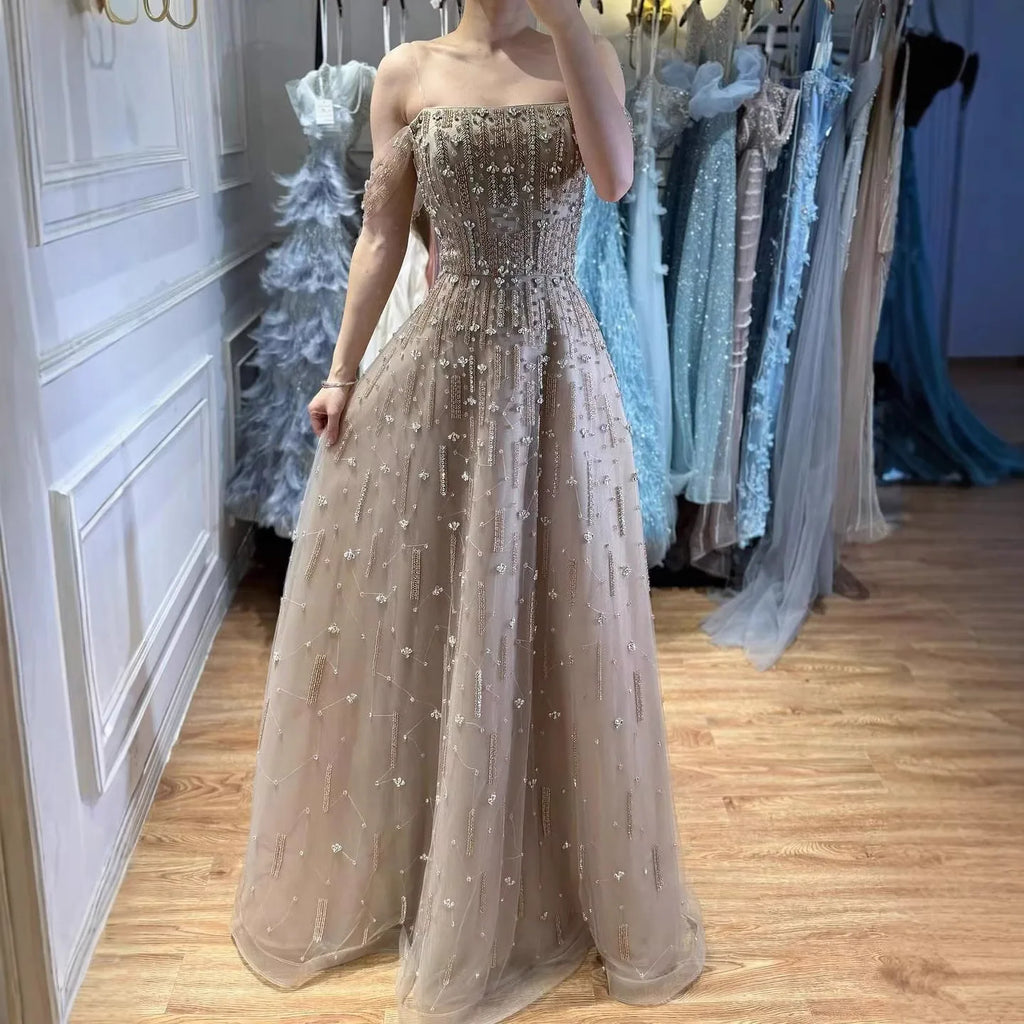 Serene Hill Caramel A-Line Beaded Evening Gown Off Shoulder Formal Party Prom Dress Robe de Soirée 2026 Customized DLA73326