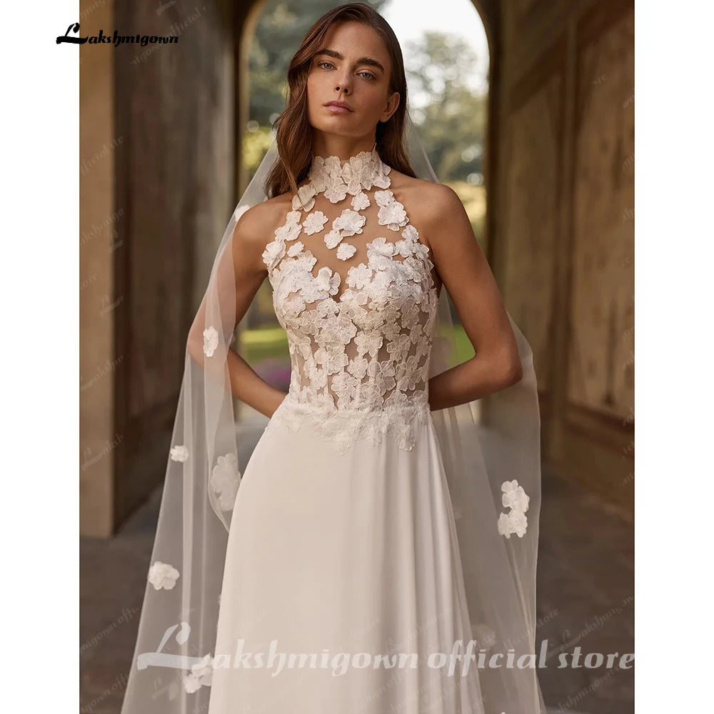 Lakshmigown Bohemian Halter Chiffon A-Line Wedding Dress with Appliques Sleeveless Lace Backless Bridal Gowns Customized