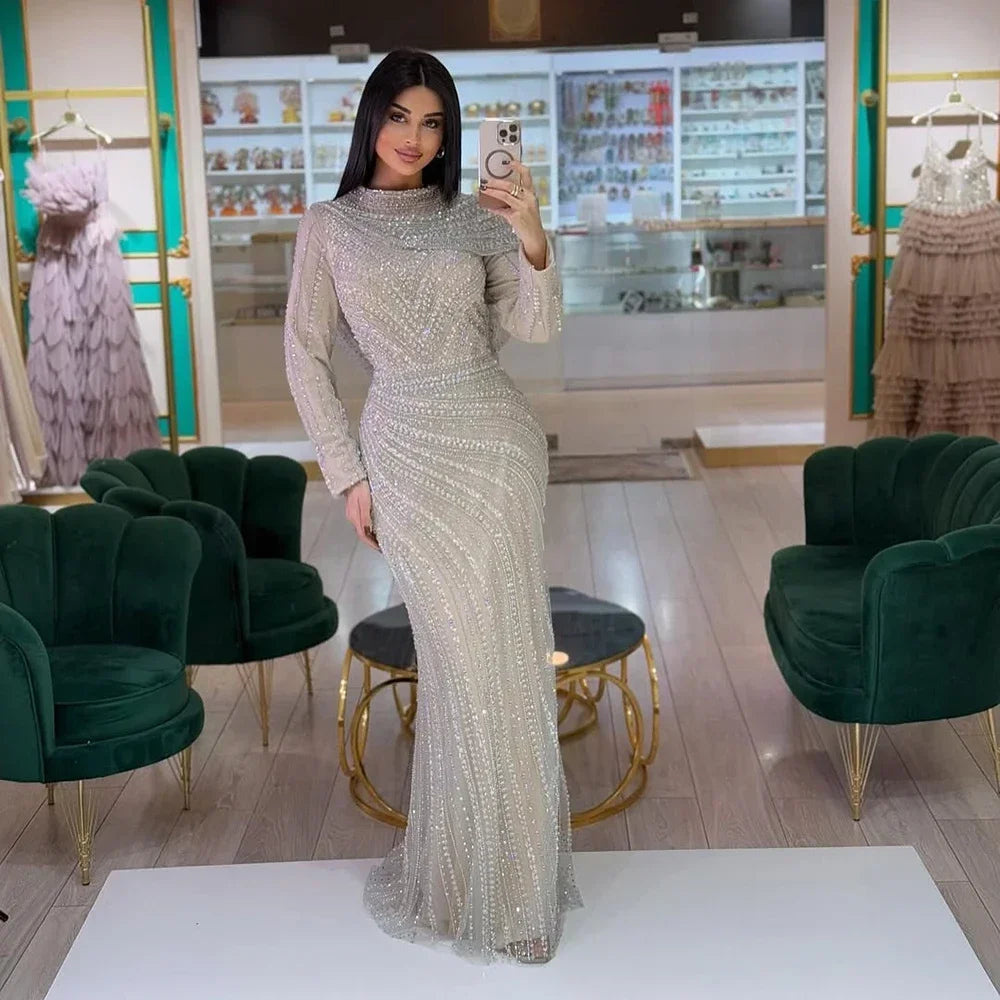 Serene Hill 2025 Muslim-inspired Silver Nude Beaded Sparkle Elegant Mermaid Evening Dresses Gowns for Party DLA70752H Customized
