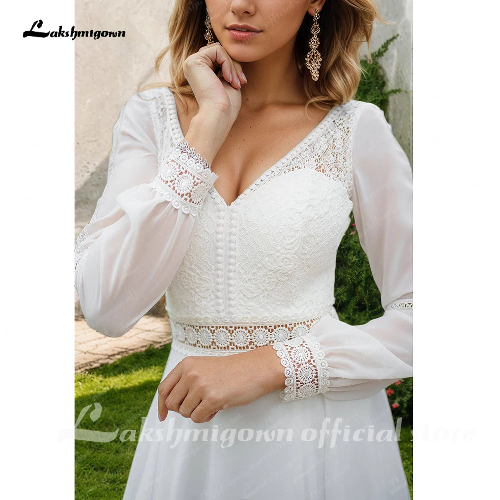 Lakshmigown Vestidos Puffy Chiffon Long Sleeve Boho Wedding Dress for Women 2026 Plus Size Bridal Beach Wedding Gowns Customized