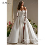 Lakshmigown A Line Satin Wedding Dress 2026 New Off the Shoulder Lace Long Sleeves Wedding Gown Corset Bridal Dress Customized