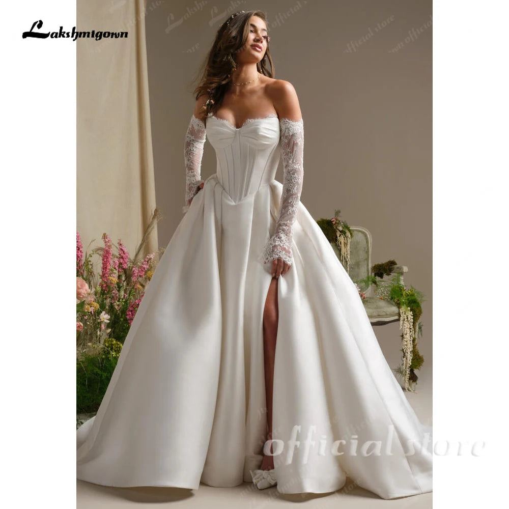 Lakshmigown A Line Satin Wedding Dress 2026 New Off the Shoulder Lace Long Sleeves Wedding Gown Corset Bridal Dress Customized