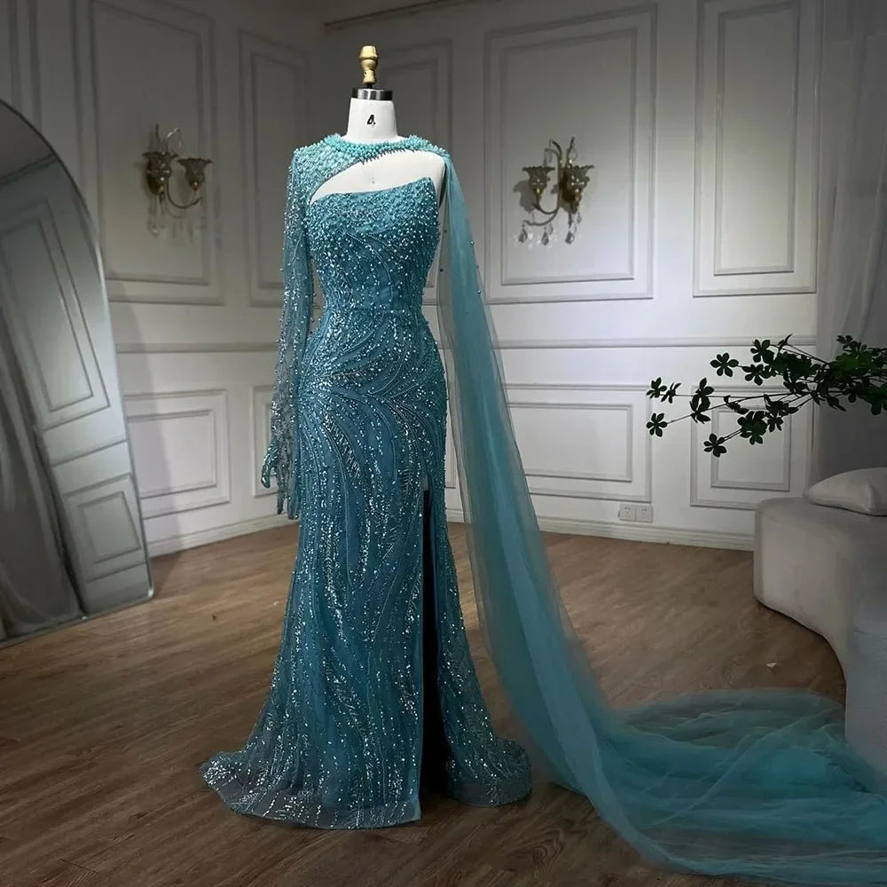 Serene Hill Customized Blue Mermaid High Split Pearls Beaded Evening Dress with Glove Formal Party Gowns For Women 2026 DLA72268