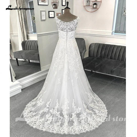Vestidos de noiva de cerimónia vintage, cauda longa, corte A, renda com botões, aplicações, 2025, vestidos de noiva 