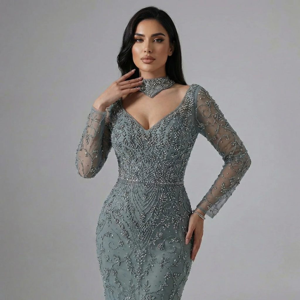 Serene Hill Customized Turquoise Evening Dresses with Neck Lace 2026 Long Sleeves Mermaid Beaded Elegant Party Gowns DLA73042B