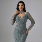 Serene Hill Customized Turquoise Evening Dresses with Neck Lace 2026 Long Sleeves Mermaid Beaded Elegant Party Gowns DLA73042B