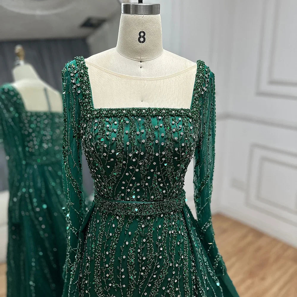 Serene Hill Customized Wine red Long Sleeves Mermaid Beaded Evening Dresses with Overskirt Party Gowns for Women DLA72710