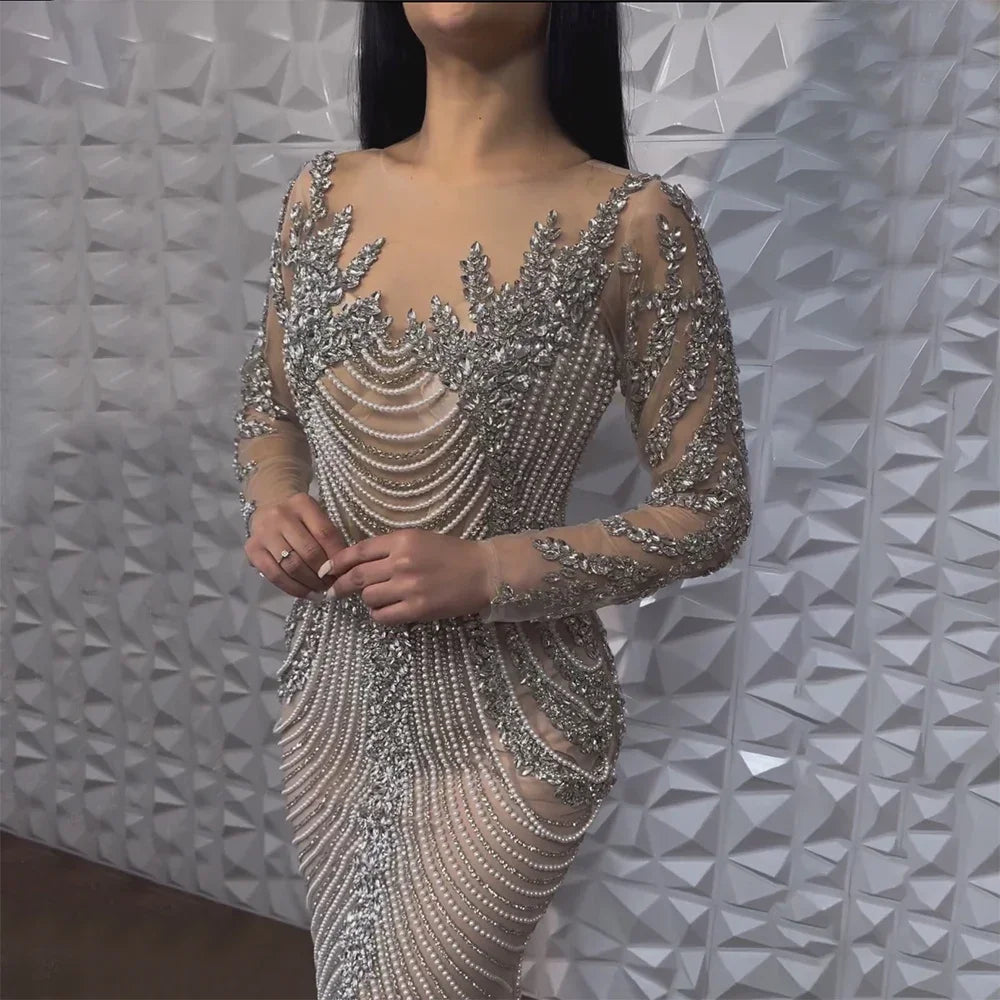 Serene Hill Customized Sliver Nude Long Sleeves Pearls Beaded Luxury Evening Dresses Formal Party Gowns for Women DLA72478