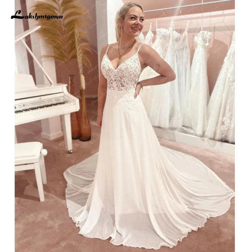 NumberSea Spaghetti Straps Chiffon A-Line Boho Abito da Sposa 2025 Scollatura a V Avorio Spiaggia Abiti da Sposa vestiti da donna