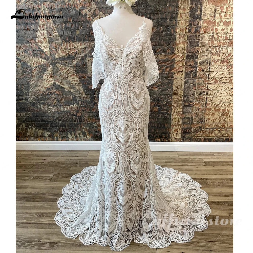 Lakshmigown Spaghetti straps Lace Mermaid Boho Bohemian Wedding Dress with Detachable Sleeve 2026 Bridal Gown Customized