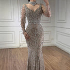 Serene Hill Customized Turquoise Evening Dresses with Neck Lace 2026 Long Sleeves Mermaid Beaded Elegant Party Gowns DLA73042B