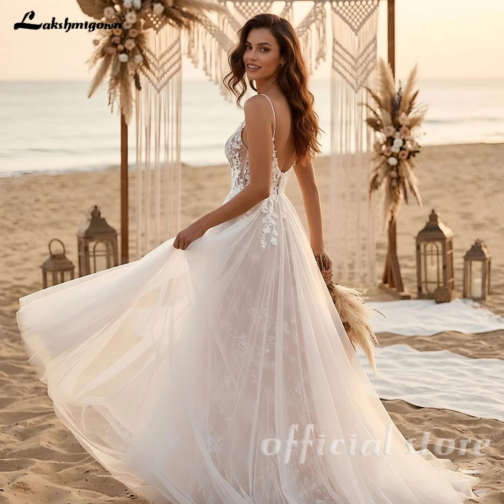 Lakshmigown Sexy V-neck Lace A-line Wedding Dresses Spaghetti Strap Appliques Floor Length Tulle Bridal Gown Customized