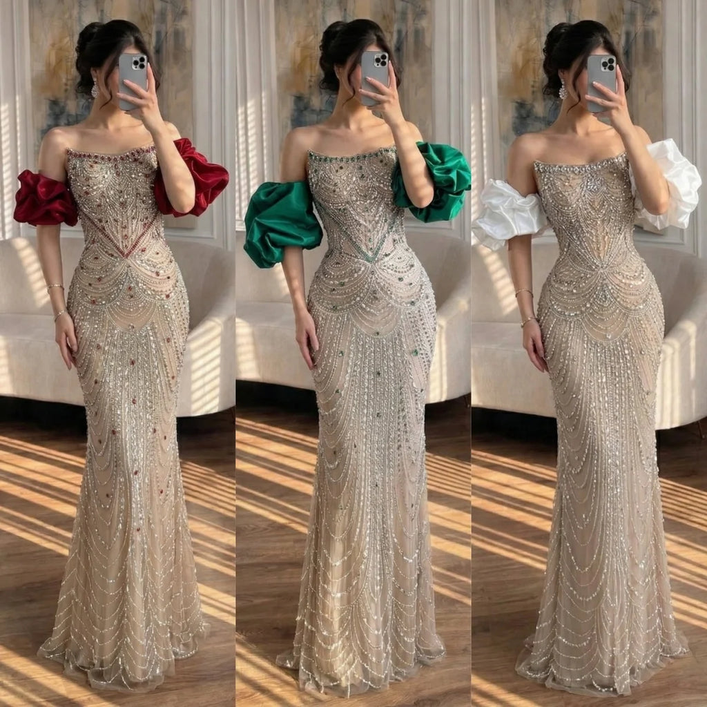 Luxury Beaded Evening Dresses with Elegant Puff Sleeves Pearl Beaded Adorned Design Serene Hill DLA72903 Customized