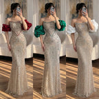 Luxury Beaded Evening Dresses with Elegant Puff Sleeves Pearl Beaded Adorned Design Serene Hill DLA72903 Customized
