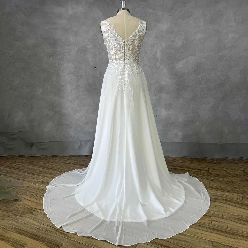 Boho A Line Chiffon Wedding Dress Sleeveless Deep V Lace Sheer Back Buttons Sweep Train Beach Bridal Gown Custom Vestido Novia