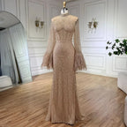 Serene Hill Nude High Neck Long Sleeves Feathers Mermaid Beaded Evening Dress Party Gowns for Women DLA72394 Customized