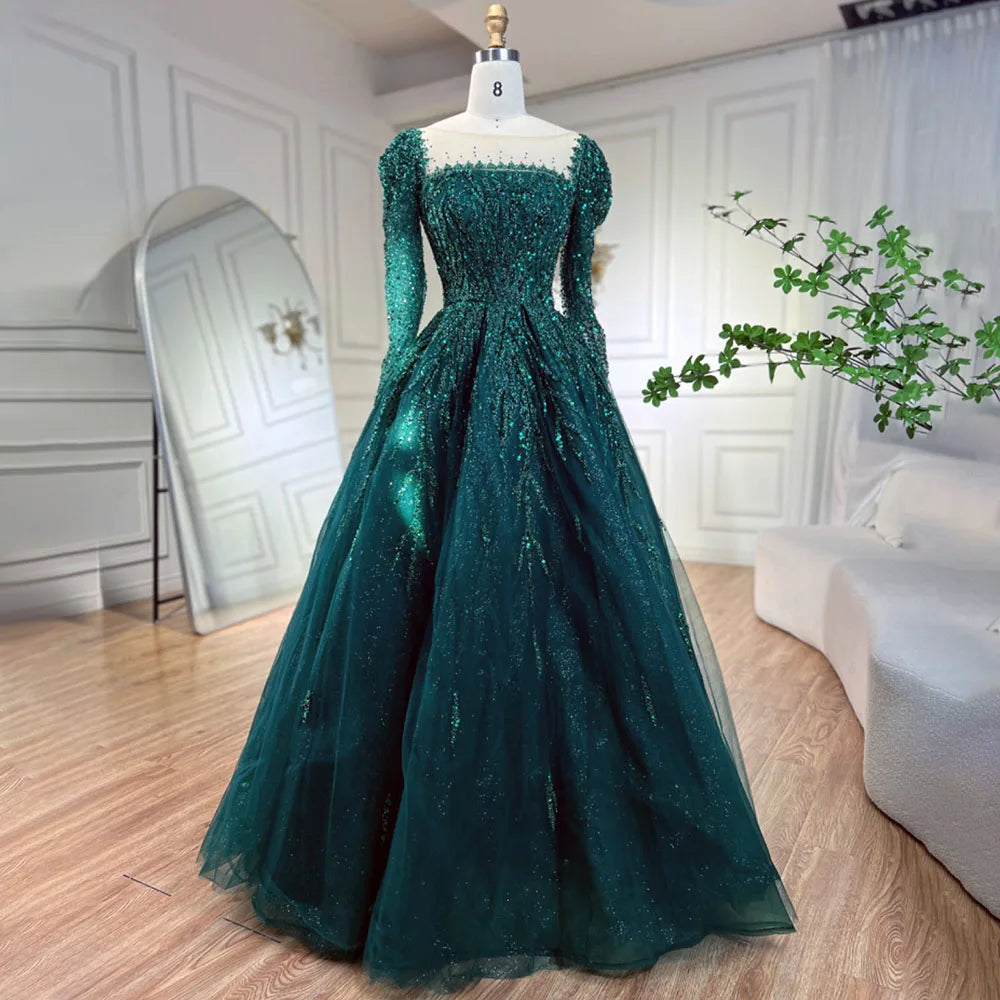 Serene Hill Customized Pink Long Sleeves A Line Beaded Dubai Evening Dresses Party Gowns 2025 For Women Wedding DLA71915