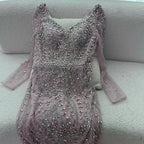 Serene Hill Pink V-neck Long Sleeves Mermaid Luxury Beaded Evening Dress 2026 Wedding Party Gowns DLA73191 Customized