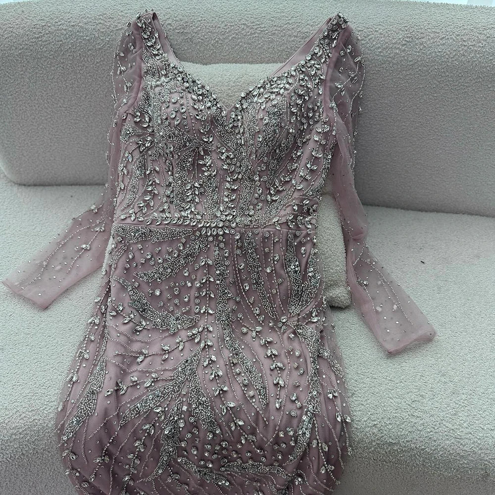 Serene Hill Pink V-neck Long Sleeves Mermaid Luxury Beaded Evening Dress 2026 Wedding Party Gowns DLA73191 Customized