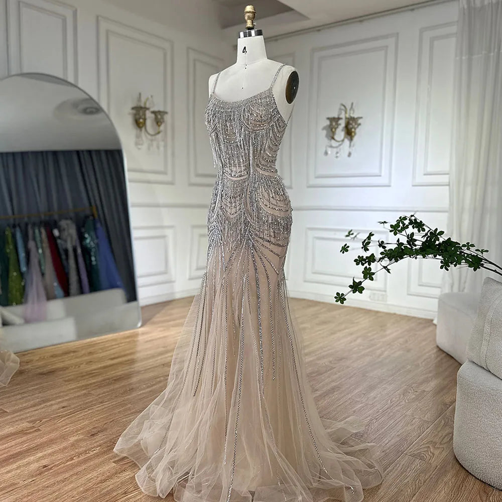 Robe de soirée sirène luxueuse en cristal rose nude avec franges LA72772
