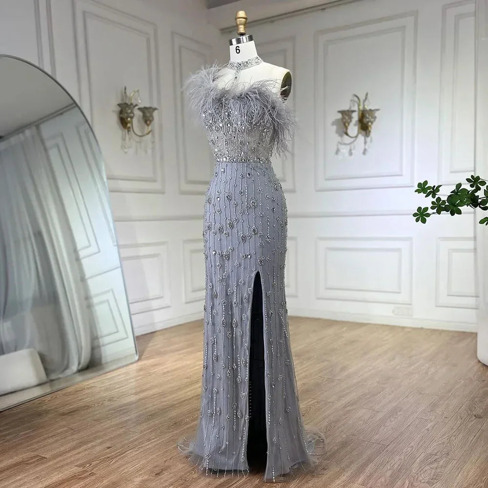 Serene Hill Customized 2025 Gray Halter Feathers Beaded Mermaid High Split Evening Dresses Formal Party Gowns for Women DLA72452