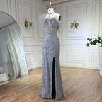 Serene Hill Customized 2025 Gray Halter Feathers Beaded Mermaid High Split Evening Dresses Formal Party Gowns for Women DLA72452