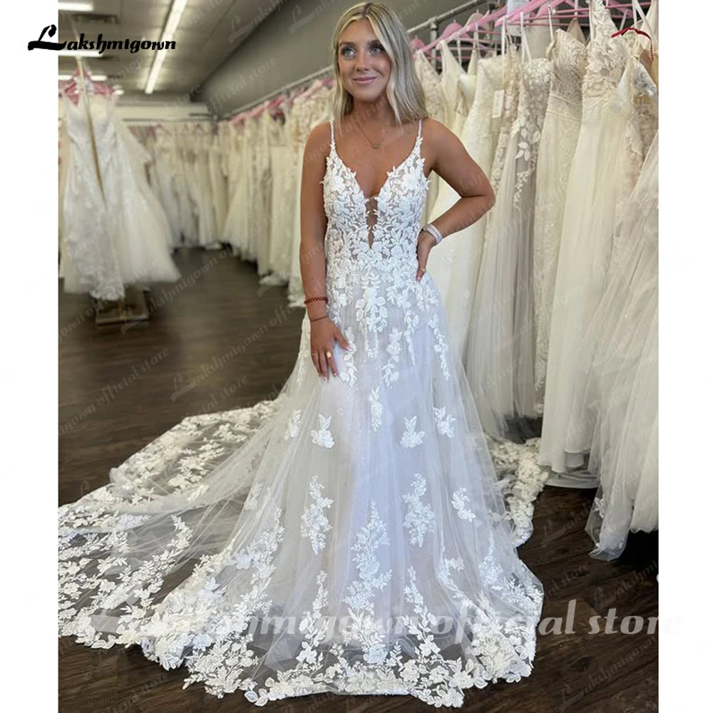 Lakshmigown Luxury Beading Lace Boho Wedding Dress Spaghetti Straps Rincess Bridal A Line Beach Summer Wedding Gown Customized