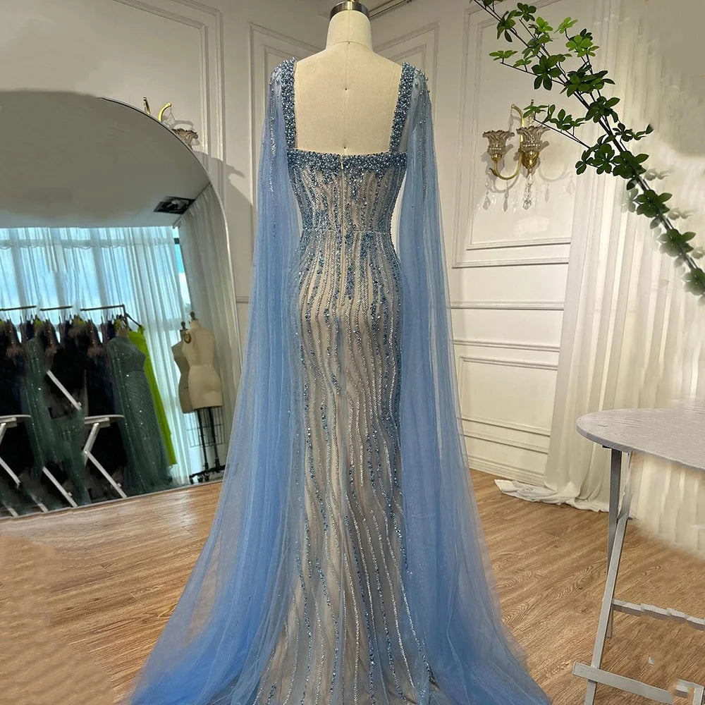 Serene Hill Blue Mermaid Beaded Evening Dresses with Cape Sleeves Wedding Party Gowns for Women DLA71715 Customized