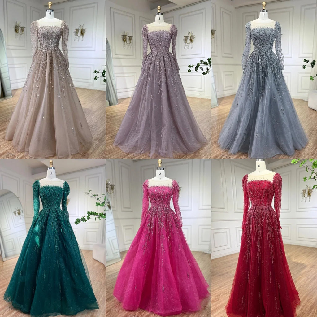 Serene Hill Customized Pink Long Sleeves A Line Beaded Dubai Evening Dresses Party Gowns 2025 For Women Wedding DLA71915