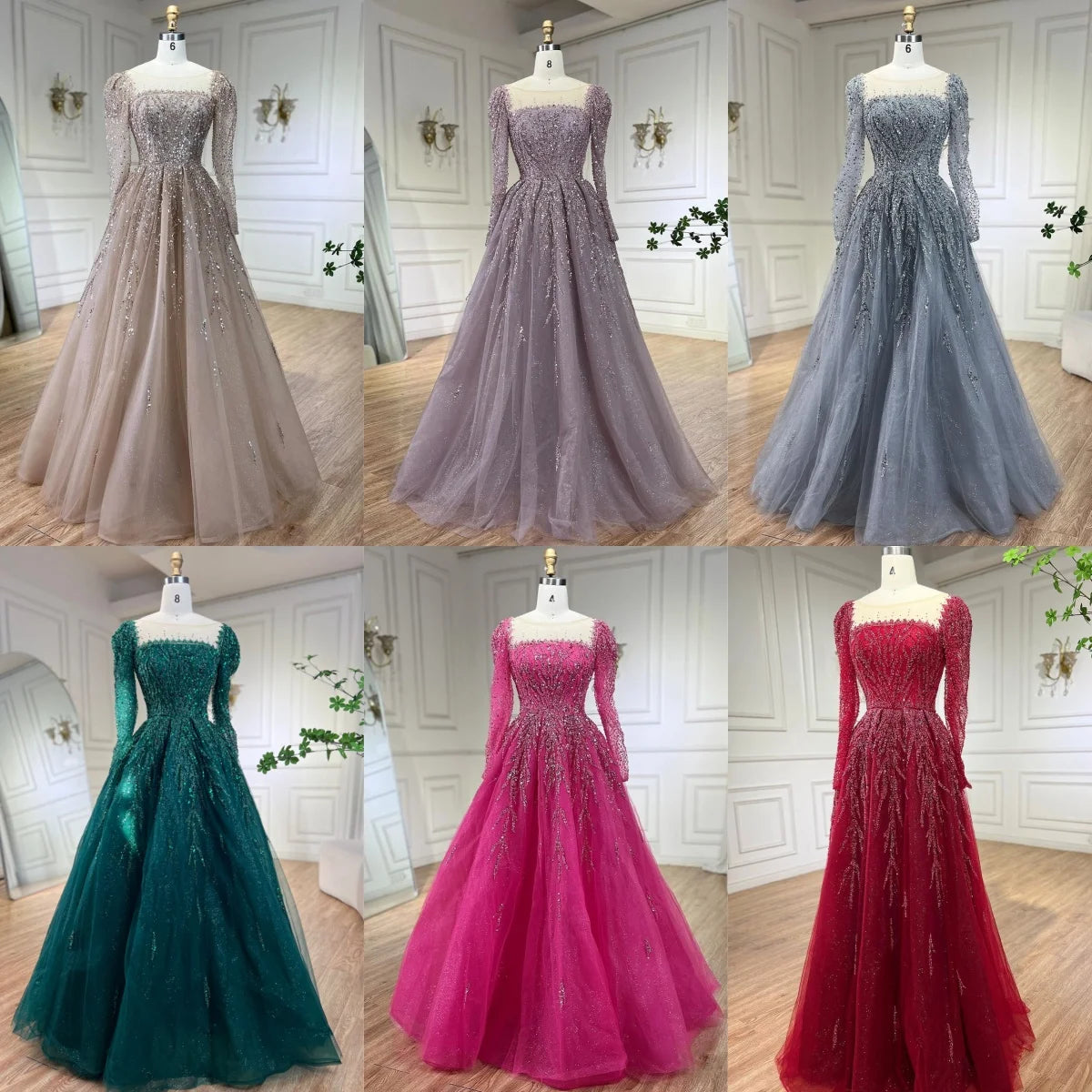 Serene Hill Customized Pink Long Sleeves A Line Beaded Dubai Evening Dresses Party Gowns 2025 For Women Wedding DLA71915