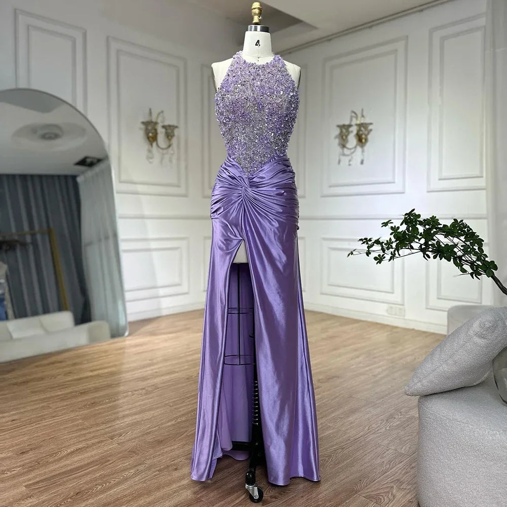 Serene Hill Customized 2025 Lilac Halter Side Slit Mermaid Evening Gown Wedding Party Bridesmaid Dress for Women DLA72668