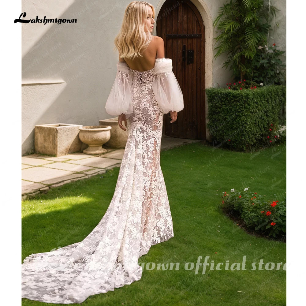 Lakshmigown Lantern Sleeves  Mermaid Wedding Dresses Beads Appliques Sweetheart Tulle Chapel Train Robe De Mariee Customized