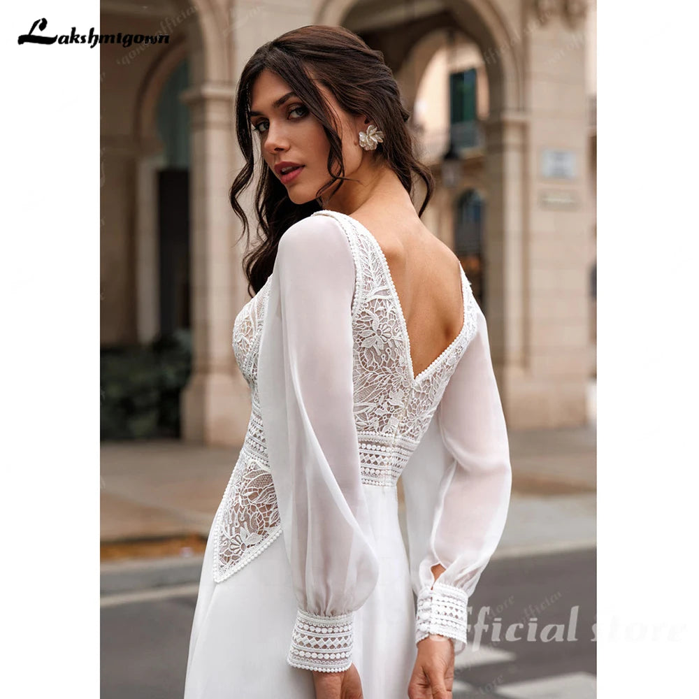 Lakshmigown Beach Wedding Dresses with Dectach Puffy Long Sleeve Vestito Donna Sexy Chiffon Boho Bridal Gowns Customized