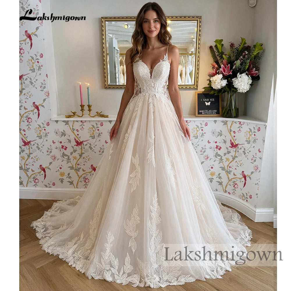 Lakshmigown A-line Flowers Appliques Wedding Dress 2027 Garden Spaghetti Strap Bridal Gowns Sweetheart Wedding Gown Customized