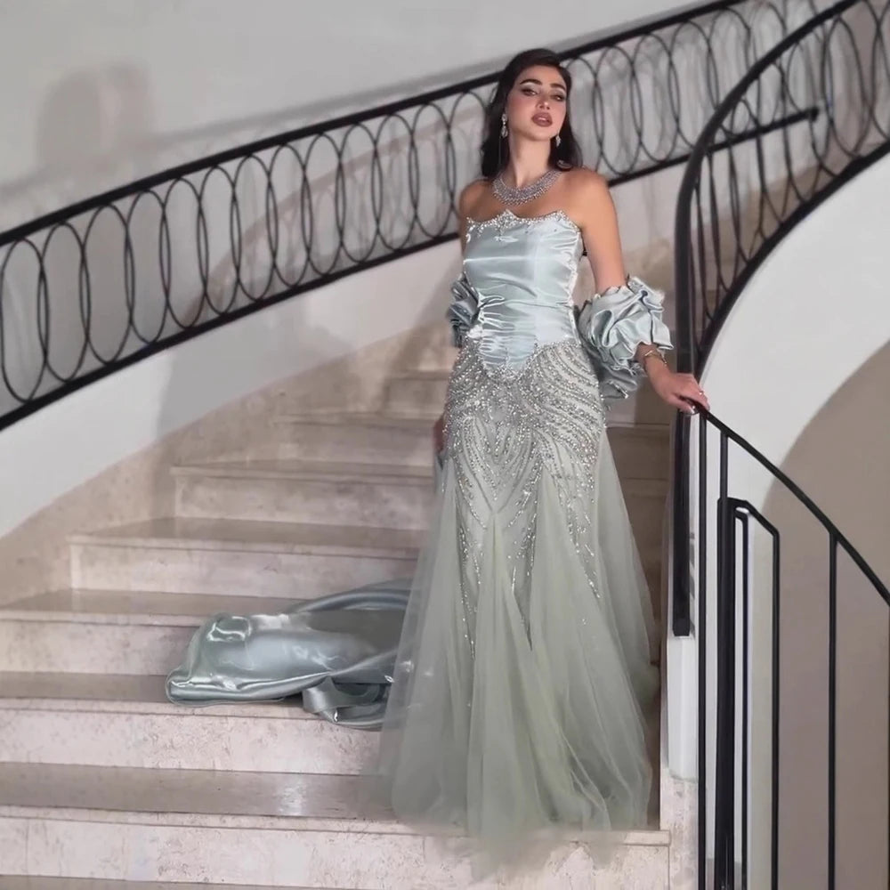 Serene Hill Luxury Sage Green Mermaid Evening Dress with Cape 2026 Elegant Beaded Party Gowns for Women DLA73201 Customized