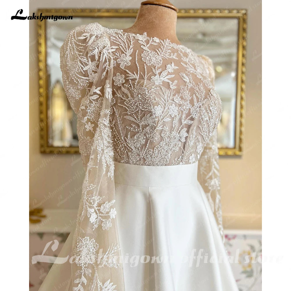 Lakshmigown Mikado A Line Satin Wedding Dress Customized Women Civil Beach Bridal Gowns Lace Beading Long Sleeves Robe de marie