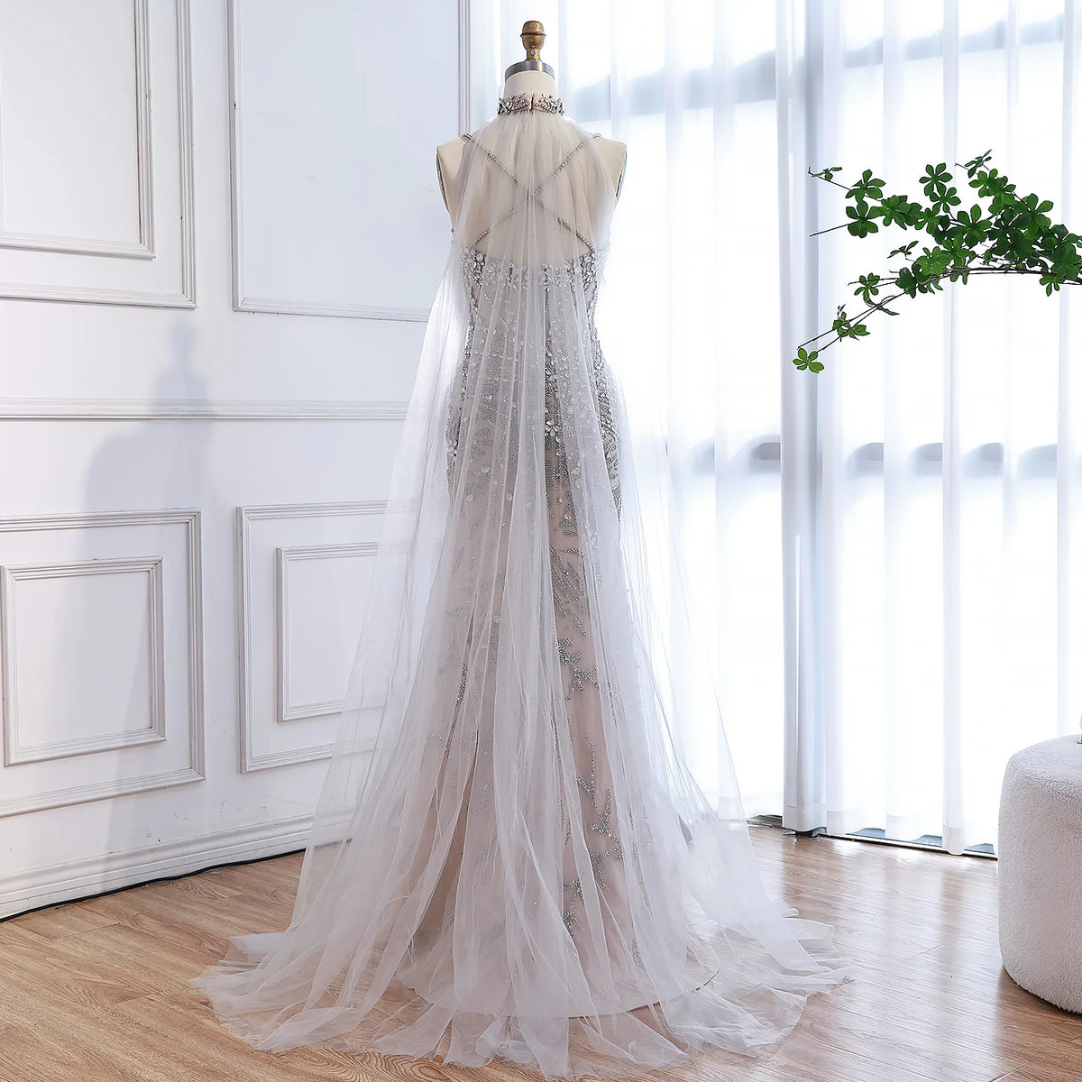 Serene Hill Silver Nude Mermaid Beaded Evening Dress with Cape DLA73342 Wedding Party Gowns for Women 2026 Customized