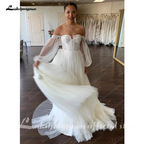 NumberSea Robe de mariée femme 2025 à manches longues décolleté bretelles tombantes en tulle souple plissé longue