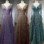 Serene Hill Customized Turquoise Muslim Long Sleeve A Line V-Neck Evening Dresses Beaded Party Gowns For Women 2025 DLA71940