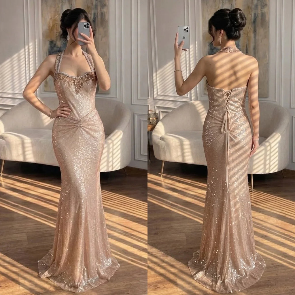 Serene Hill Rose Gold Mermaid Beaded Evening Dress Elegant Sparkly Wedding Party Gown with Ruched Waist DLA73410B Customized